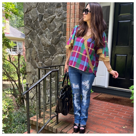 21 Boho Blue Green Purple Plaid with Gold Trim Crossover Top - Picture 6 of 10